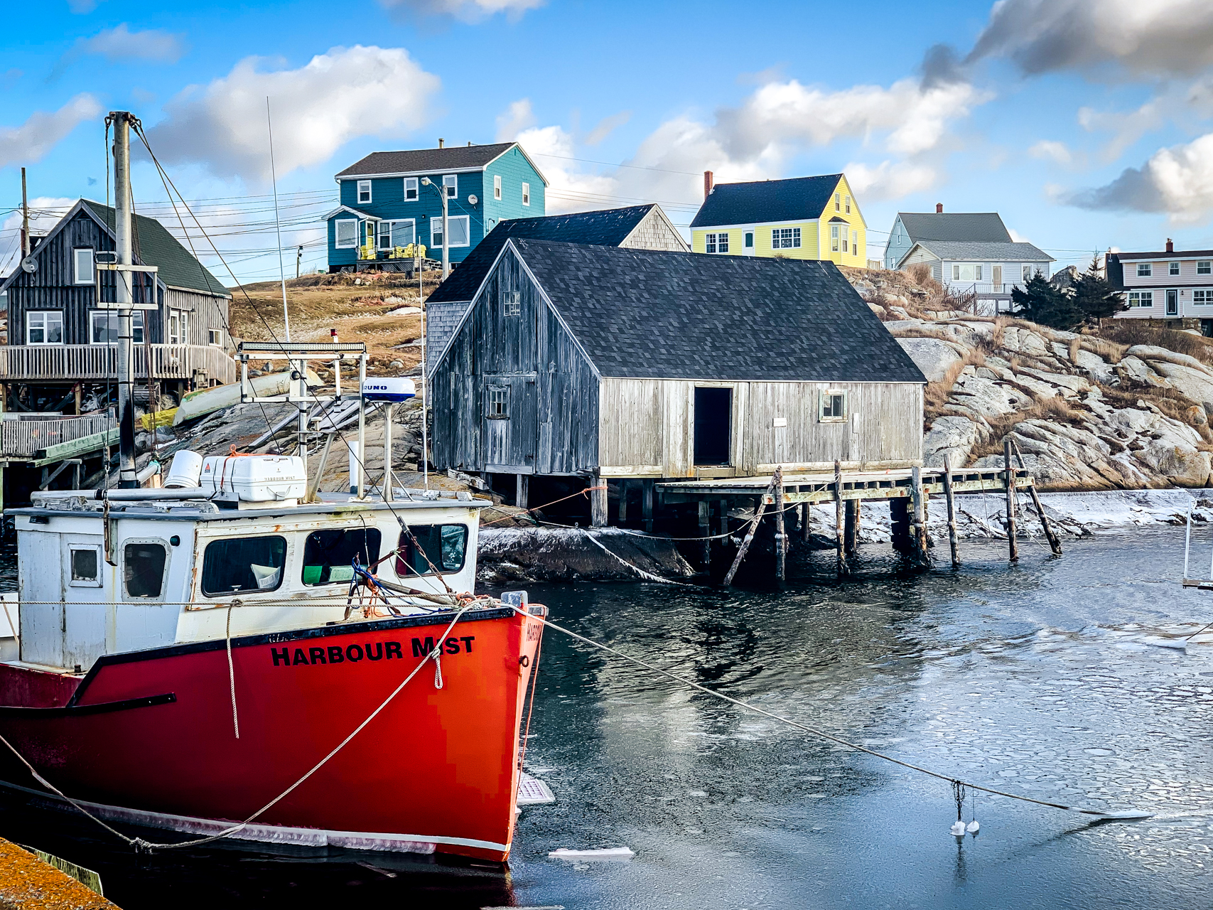 Canada, Nova Scotia, Peggys Cove. Fishing gear and harbor