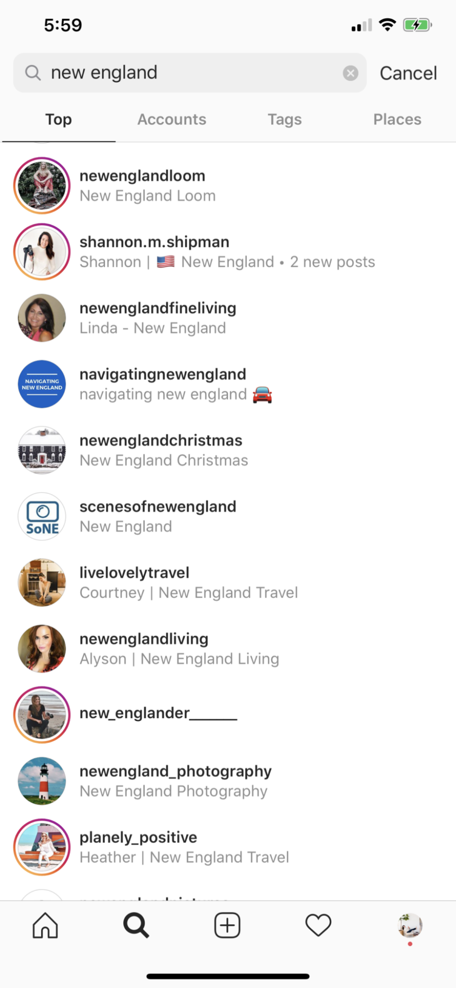 First Impressions: Your Instagram Bio | Instagram Bio Tips by popular New England influencer, Shannon Shipman:  screen shot image of the Instagram search bar.
