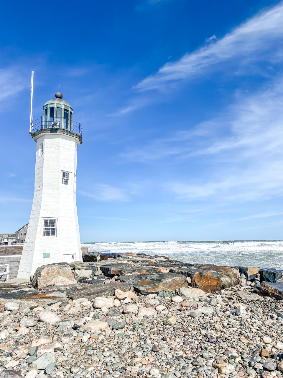 Instagram Hashtags for Followers by popular New England influencer, Shannon Shipman: image of a white lighthouse on a rocky shore. 