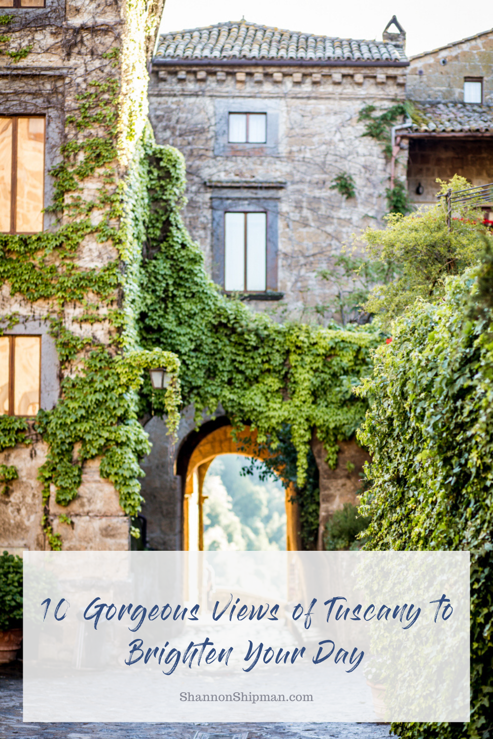 Tuscany Photos by popular New England travel blogger, Shannon Shipman: Pinterest image of a stone building covered in ivy in Tuscany, Italy. 