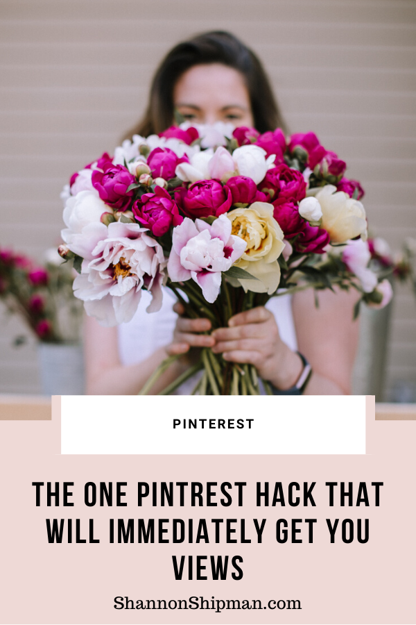 Pinterest Hack by popular New England lifestyle blogger, Shannon Shipman: Pinterest image of Shannon Shipman holding a bouquet of peonies. 