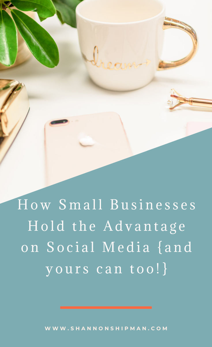 Why Small Businesses Hold The Advantage On Social Media |Social Media Tips for Small Businesses by popular New England lifestyle blogger, Shannon Shipman: Pinterest image of a white and gold mug and a rose gold smart phone. 